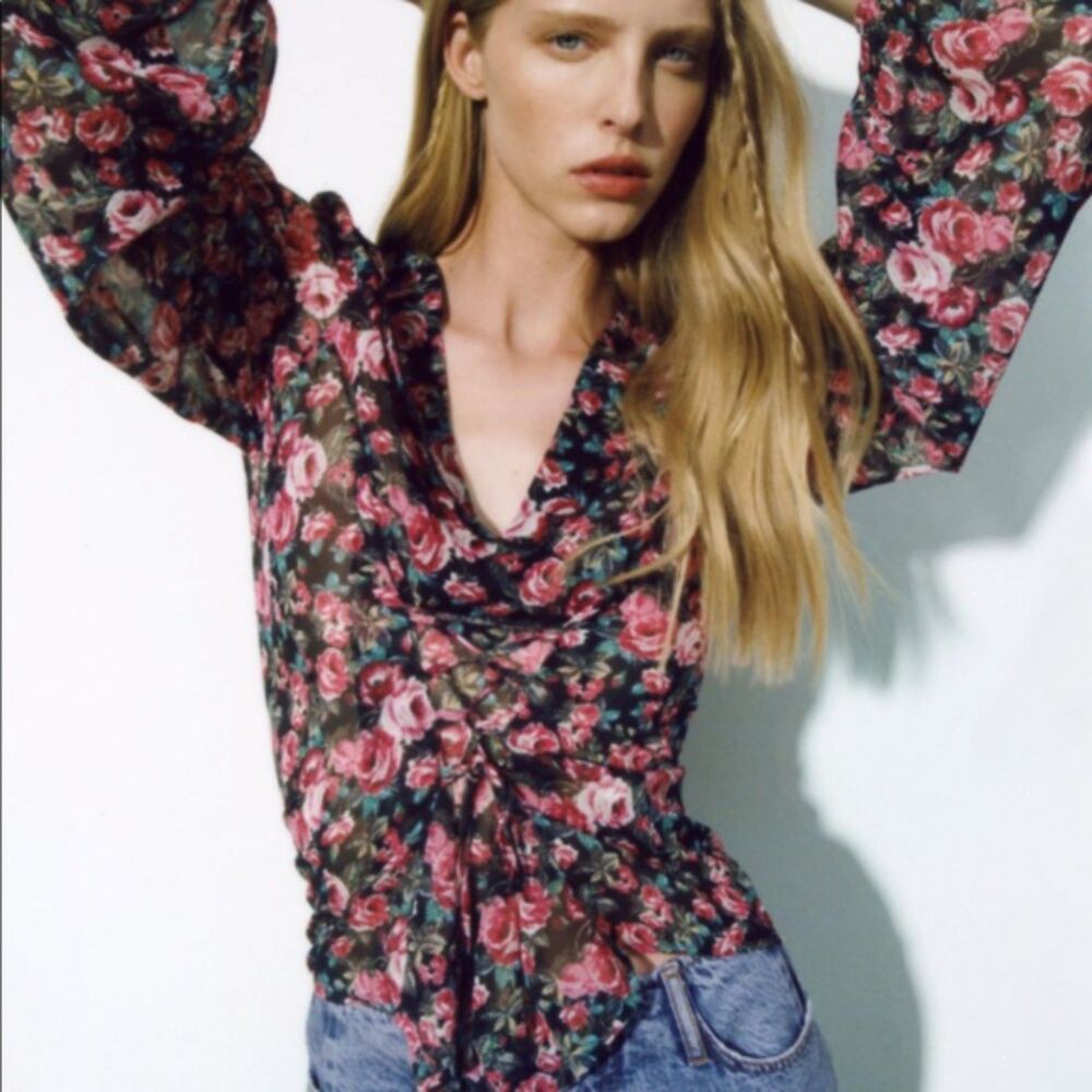ZARA Rose Print Lace-Up‎ Chiffon Blouse Small